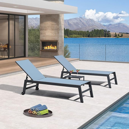 PURPLE LEAF Patio Chaise Lounge Set for 2 Outdoor Chaise Lounge Chair with Aluminum Frame and Wheels Pool Lounge Chairs for Deck Yard Poolside Table Included, Teal
