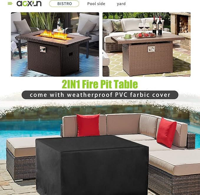 Aoxun 40" Propane Fire Pit 50,000 BTU Outdoor Wicker Fire Table with Wood-grainTabletop Patio Rectangular 2-in-1 Gas Fire Pit Table with Firepit Lid and Waterproof Cover（Brown）