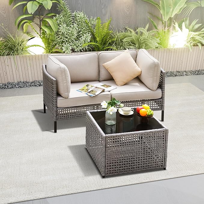 3-Piece Outdoor Modular Patio Set with 2 Armless Rattan Chairs and Glass Table, Gray PE Wicker Sectional Seating with Cushions for Balcony, Garden, Deck, Porch