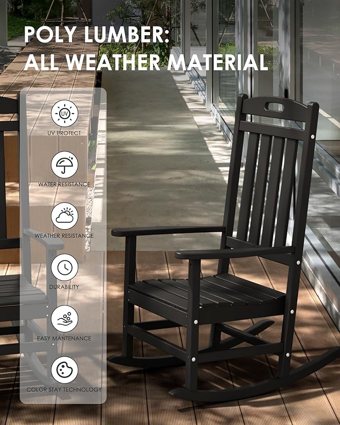 Outdoor Rocking Chair, All-Weather Resistant Poly Lumber Rocker Chair Outdoor, High Back Plastic Patio Rocking Chairs for Outside Porch Rocker Garden Lawn, Aruba Blue
