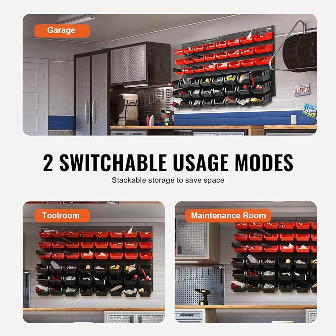 VEVOR 48-Bin Wall Mounted Storage Bins Parts Rack Organizer Garage Shop Tool Organizer for Screws, Nuts, Bolts, Nails, Beads, and Small Hardware Parts, With Wall Panels