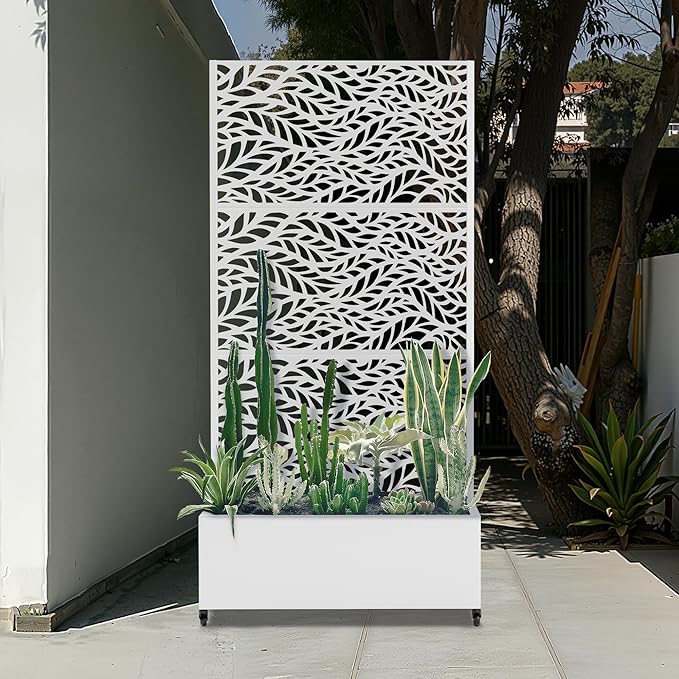 Metal Standing Planter Box with Trellis, Privacy Planter for Patio, Outdoor Raised Garden Beds with Trellis for Climbing Plants, Garden Boxes with Wheels & Drainage Holes (35"L, White Spring)