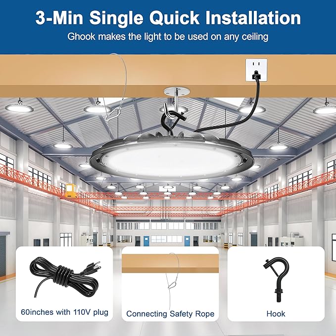 Super Bright High Bay LED Shop Lights - 150W 5000K Daylight, 21000LM 120VAC with 5ft Cord & US Plug. Standard US Hook, IP65 Waterproof led high Bay UFO Lights (10Pack)