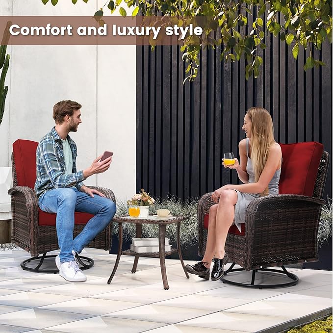 Luxury Outdoor Swivel Wicker Glider Patio Chairs with Table Set, Overstuffed Washable Cushions, Ideal for Porch, Balcony, Deck, Brown Rattan and Red Cushion