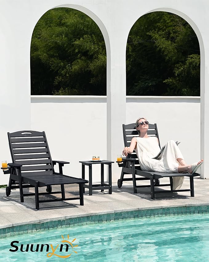 Modern Oversized HDPE Chaise Lounge Chair Outdoor Set of 2, Black with 6-Position Adjustable Backrest, Wheels, Cup Holder for Pool, Patio, Beach, Sunbathing
