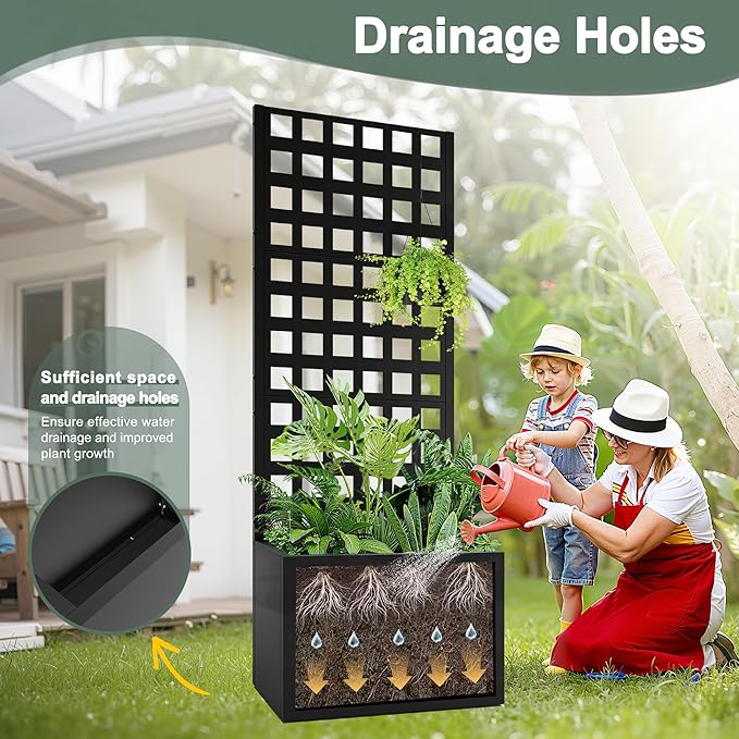 Metal Planter Box with Trellis, Privacy Planter for Patio, 24" L×12" W×63" H Raised Garden Bed withTrellis, Drainage Holes (Black Grid)