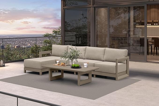 PURPLE LEAF Patio Furniture Set L-Shaped Outdoor Couch with 9.6" Thick Cushion and Soft Pillows 6 Piece Outdoor Sectional Sofas with Table Modern Outdoor Conversation Sets for Yard Porch Deck, Khaki