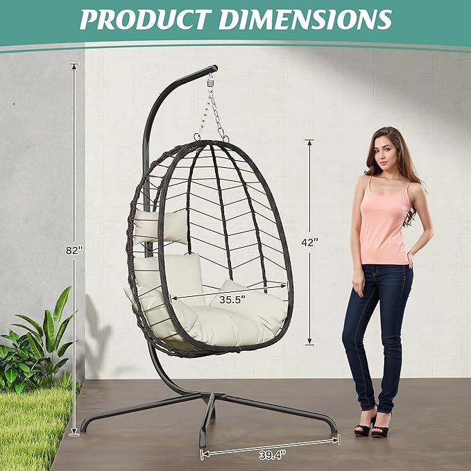 Hanging Egg Chair with Stand, Swinging Egg Chair Outdoor Indoor, Hanging Basket Chair with Cushion, Patio Wicker Hammock Chair 350lbs Capacity for Bedroom, Porch, Balcony, Backyard, Garden (Beige)