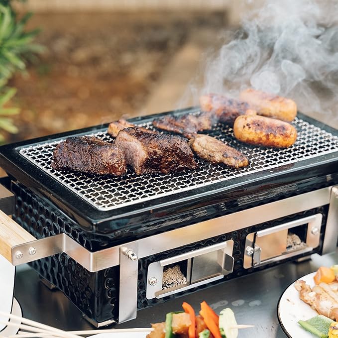 Charcoal BBQ Hibachi Grill with Grid Lifter, Portable Yakitori Grill with Stainless Steel Grate, Barbecue Stove for Outdoor Camping Picnic Patio Backyard Cooking, GS306