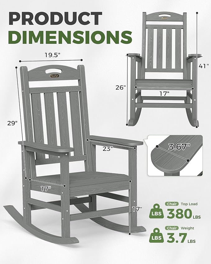 Oversized Outdoor Rocking Chair Set of 2, High Back Porch Rocker Chair, HDPE All Weather Resistant Rocking Chairs for Patio,Grey