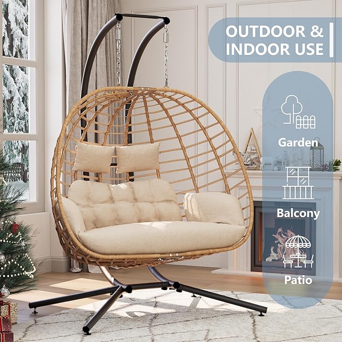 SWITTE Double Hanging Egg Chair with Stand, Outdoor Patio 2 Person Wicker Hammock Swing Chairs with Cushion Loveseat for Indoor Bedroom, Lawn, Garden-Beige