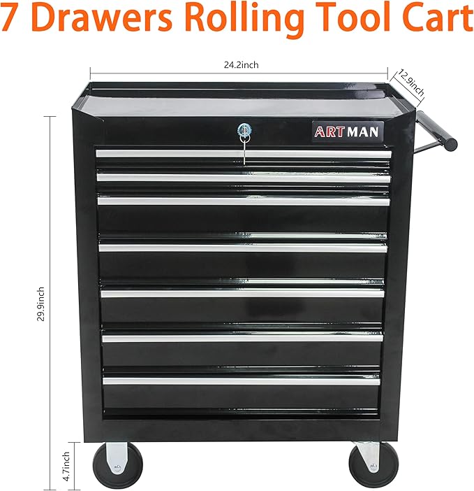 7 Drawers Rolling Tool Cart on Wheels, Multifunctional Organizer Tool Case Tool Chest, Trolley Tool Storage Tool Box for Workshop, Garage, Repair Shop, Warehouse (7 Drawers-29.9" H-Black)