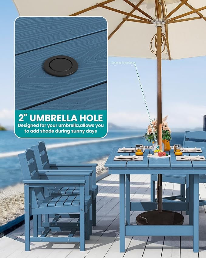SERWALL Outdoor Dining Set for 6, HDPE Outdoor Furniture with Umbrella Hole & 1 Cushioned Bench & 4 Outdoor Dining Chairs, Blue