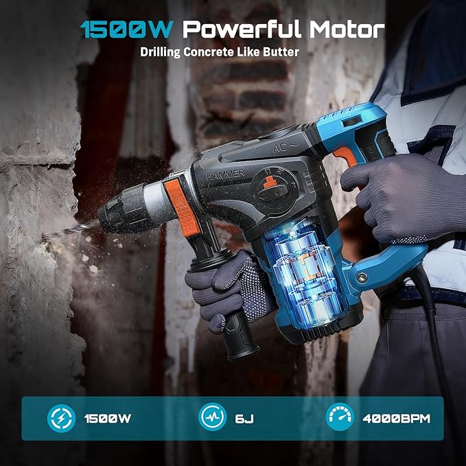 Seesii Heavy Duty Rotary Hammer: 13 Amp 1-1/4" SDS-Plus Demolition Hammer Drill for Concrete, Brick & Stone, 6J Power with 4 Functions, Safety Clutch & Anti-Vibration, Drill Bits and Chisels Included