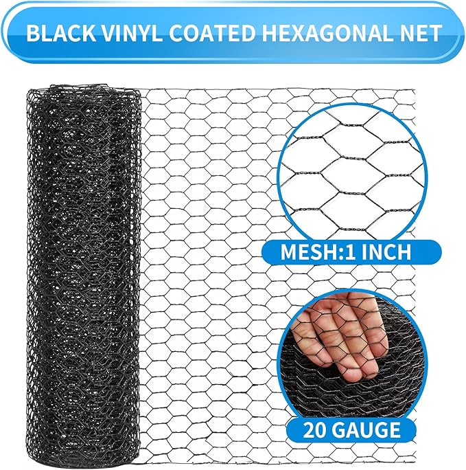 12'' x 150' Black Chicken Wire Mesh Fence, 20 Gauge Galvanized Poultry Netting and 1 inch Garden Mesh Fence Roll, Chicken Wire for Floral Arrangements/Crafts/Farm/Livestock/Pet Protection