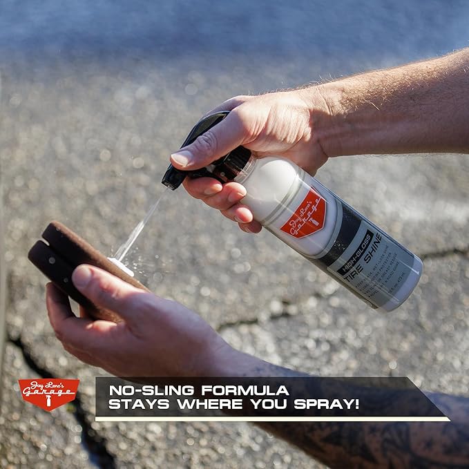 Jay Leno's Garage Tire Shine Delivers long-lasting High Gloss with a Deep Black Wet Look Glow. This Tire Dressing Spray and Car Tire Shine Work as Auto Detailing Care for Wheels and Tires – 16 oz.