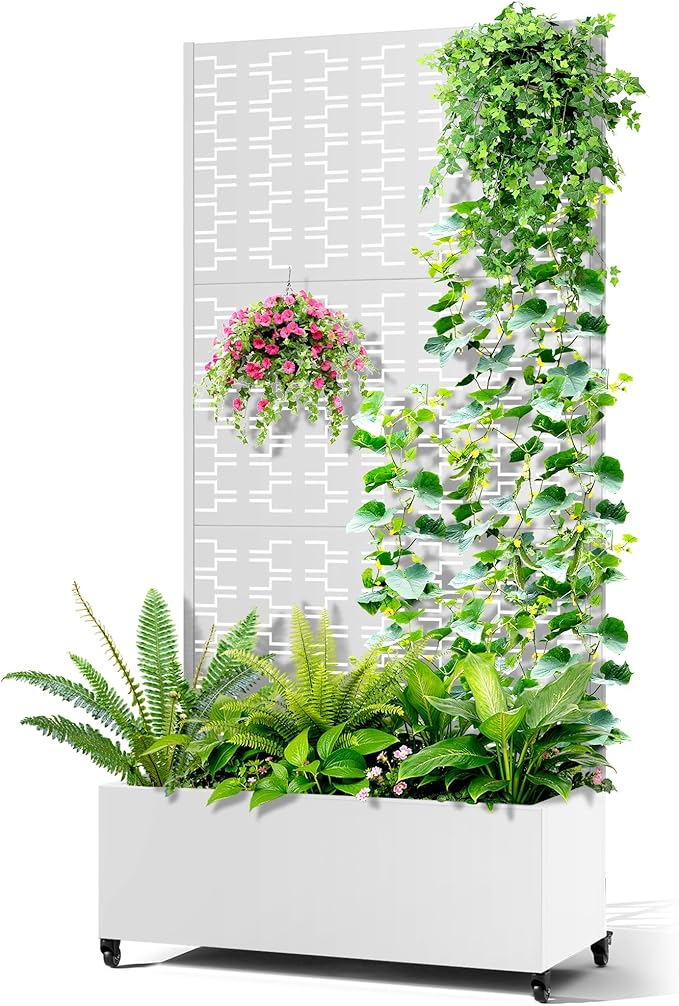Metal Raised Garden Bed with Trellis, 2-in-1 Planter Box & Privacy Screen for Climbing Plants, Outdoor Standing Flower Bed with Drainage Holes, 35.4" L x 15.7" W x 70.1" H, White-Brick