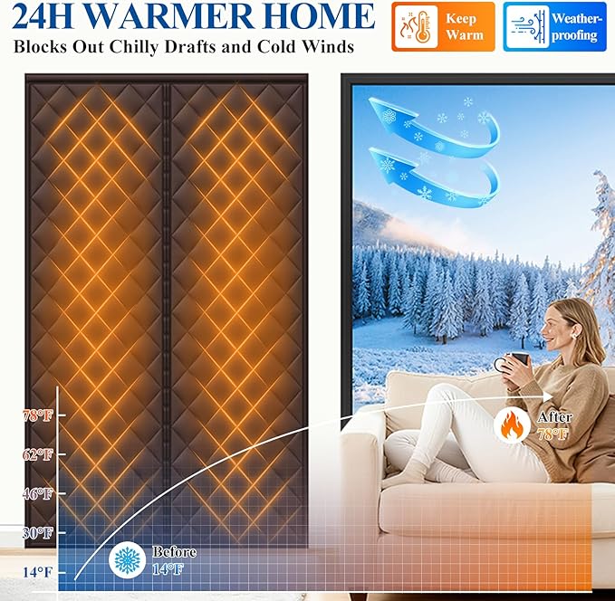 MAGZO Sliding Glass Door Insulation Curtain for Winter, Fits 72'' x 80'' Door, Made of Oxford&Thicken Cotton, Patio Door Insulation Kit Cover Blanket for French Attic Doors, Strong Magnets, Brown