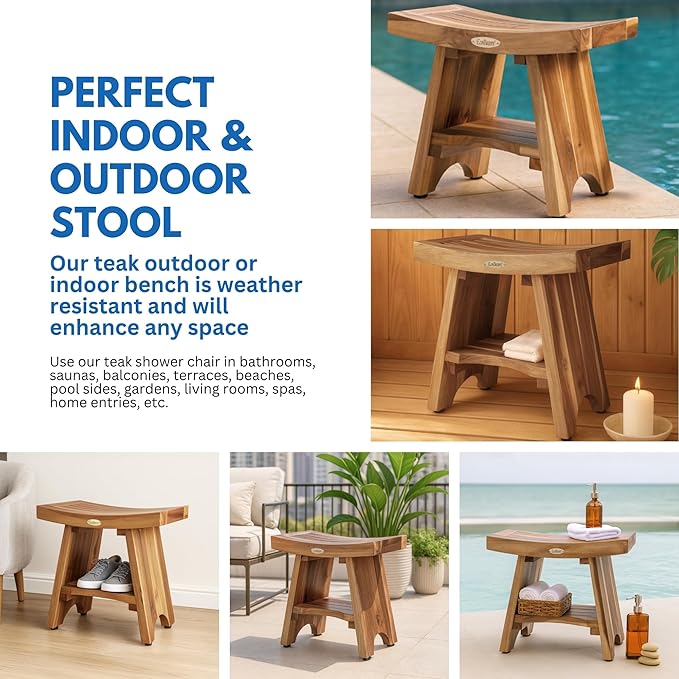 EcoDecors Teak Shower Bench 18", 300 lb Capacity – Waterproof Wood Bath Seat with Shelf, Spa Seating for Adults – Compact Fit for Small Bathrooms & Walk-in Showers – Slip-Resistant Feet