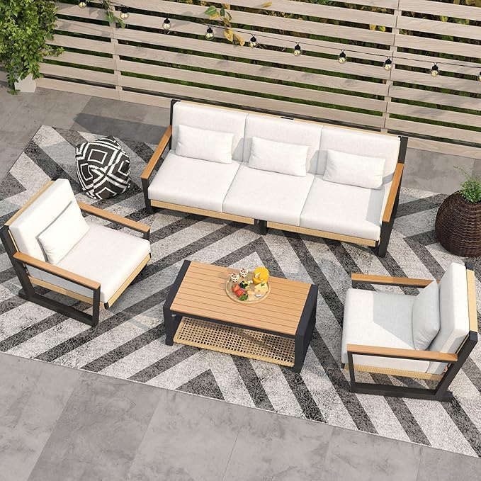 Aluminum Patio Sofa Set with PE Rope Weaving, 500lbs Capacity Outdoor Conversation Set, Waterproof UV-Resistant Cushions & Powder-Coated Frame, Modern Sectional for Poolside, Garden Yellow