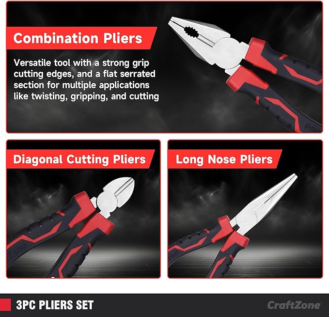 3-Piece Pliers Set –Linemans Plier 6" Long Nose 6" Diagonal Cutters & 8" Combination Plier Heavy Duty Carbon Steel Tool Sets for Home Repair Professional Use Outdoor & Ergonomic Soft Grip