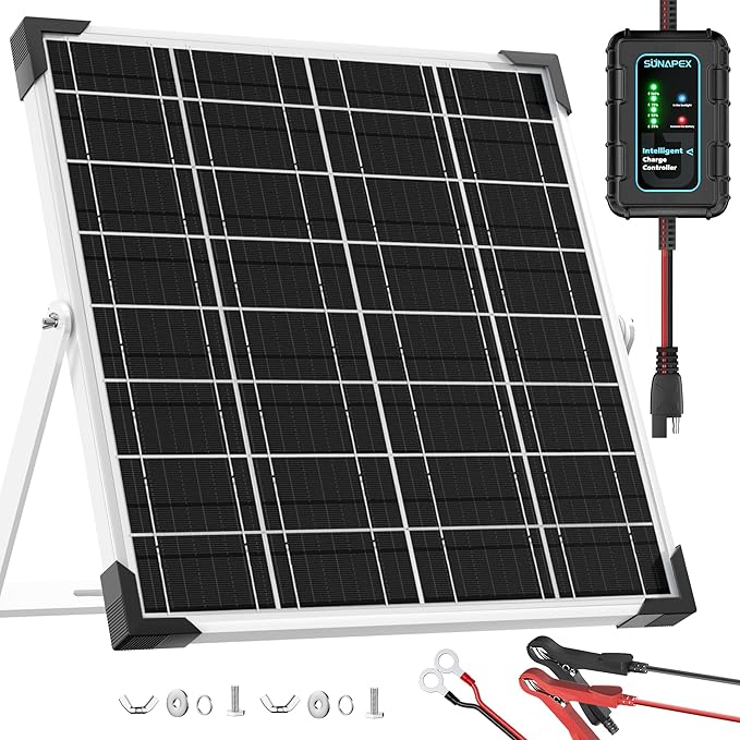 SUNAPEX 12V Solar Battery Charger: 20W Waterproof Solar Panel Kit - Aluminum Trickle Charger for Car Battery with Controller - Battery Tender Motorcycle Boat Marine RV Trailer Tractor Truck