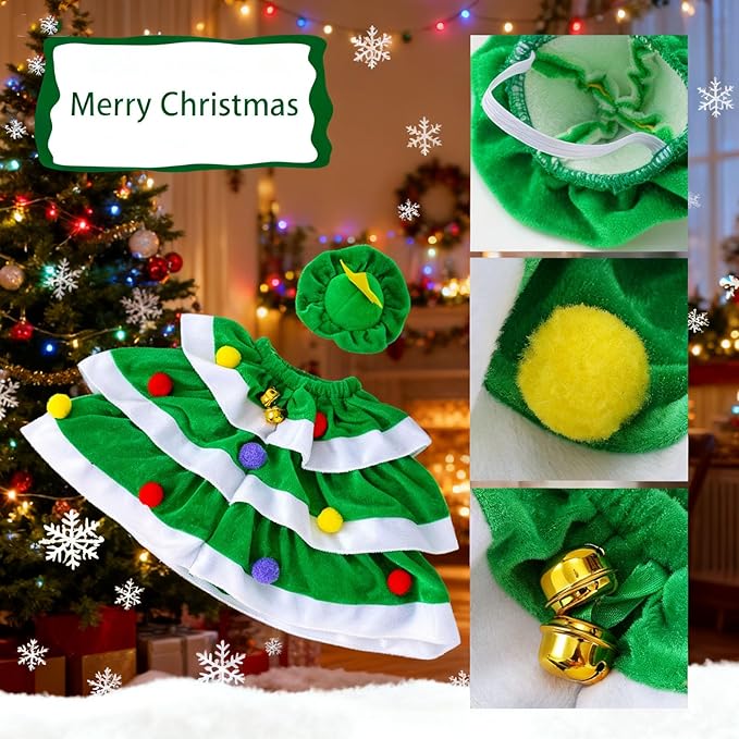 Christmas Porch Goose Outfits - 3Pcs Lawn Goose Goose Costume Small Green Hat, Rainbow Collar and Christmas Tree Skirt for 23 Inch Goose Statues, Holiday Outdoor Garden Porch Yard Lawn Patio Decor