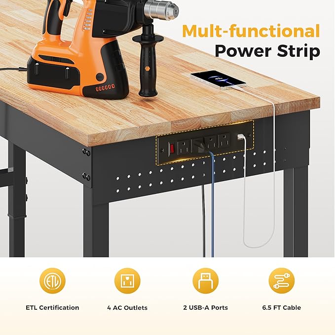 60" Adjustable Heavy Duty Workbench, 2000 LBS Load Capacity Rubber Wood Work Table with Pegboard, Power Outlets, Work Bench for Garage, Workshop, Office, Home, Commercial