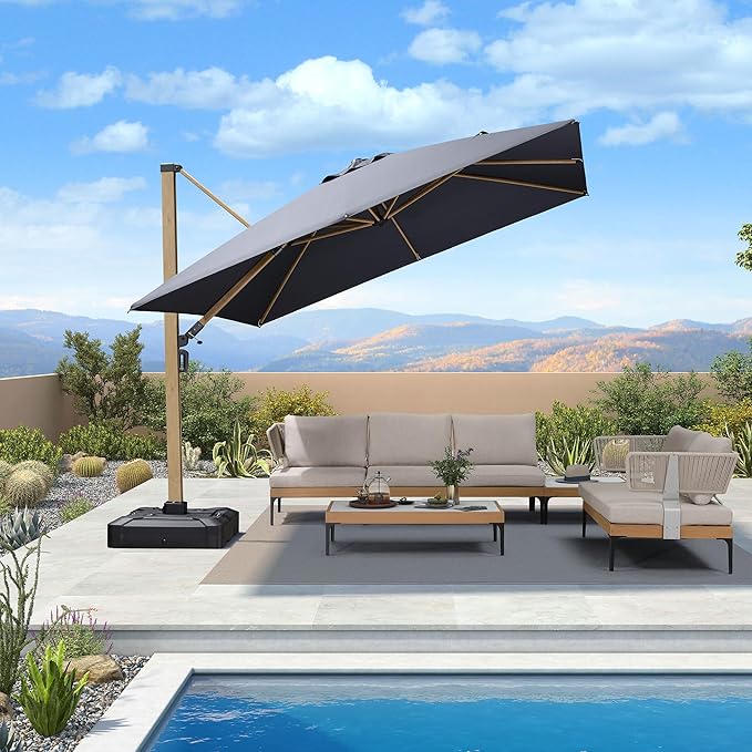 PURPLE LEAF 10FT Patio Umbrella With Base Square Cantilever Umbrella Teak Finished Aluminum Frame Large Windproof Offset Outdoor Sun Umbrellas for Beach Pool Deck, Grey