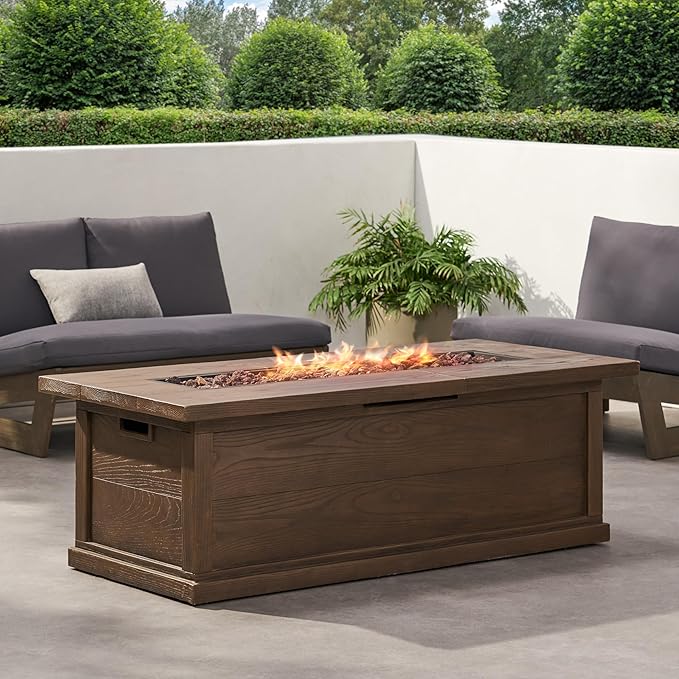Propane Fire Pit Table, 56" MGO Firepits for Outside, Rectangular Gas Fire Pit for Outside Patio, Propane Fire Table with Rain Cover for Deck, Backyard, 50,000BTU, Tank Not Included, Brown