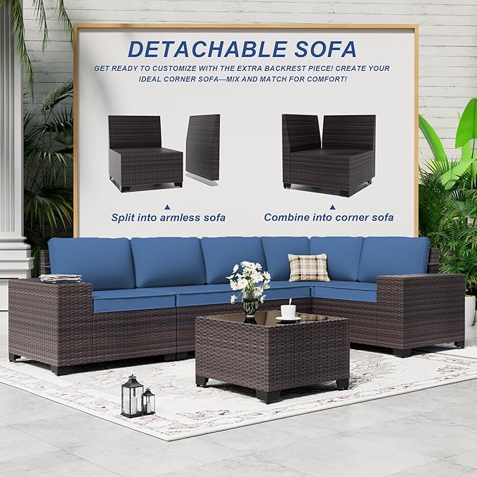 Outdoor Patio Furniture Set with Gas Fire Pit Table, 13 Pieces Patio Sectional Sofa w/43in Propane Fire Pit, PE Wicker Rattan Patio Conversation Set - Blue.