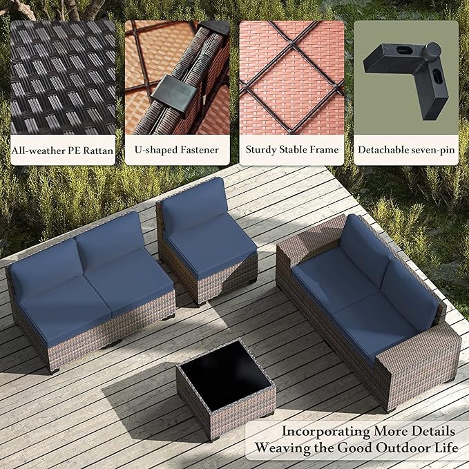 Outdoor Patio Furniture Set, 12 Pieces Outdoor Furniture All Weather Patio Sectional Sofa PE Wicker Modular Conversation Sets with Coffee Table,10 Chairs & Seat Clips Dark Blue
