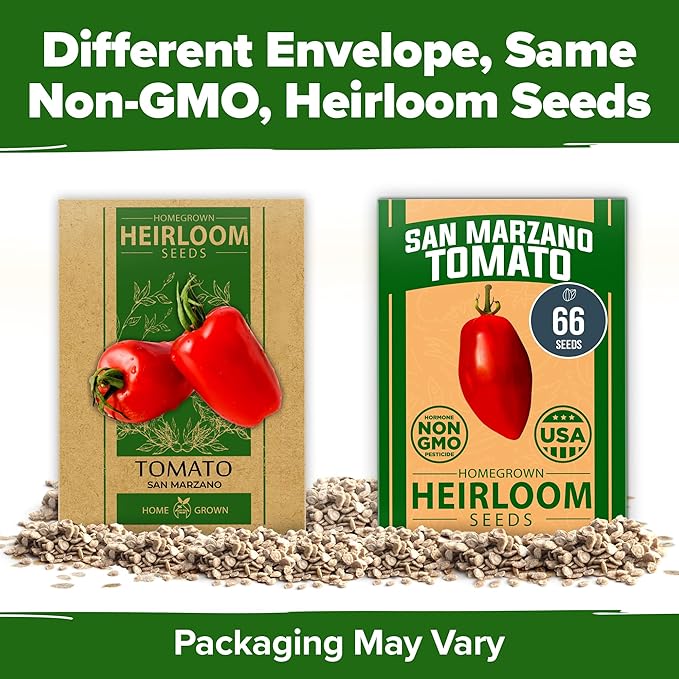 HOME GROWN San Marzano Tomato Seeds – 132 Heirloom, Seeds – High Germination Tomatoes for Indoor & Outdoor Growing – Classic Paste Variety for Gardeners & Home Use
