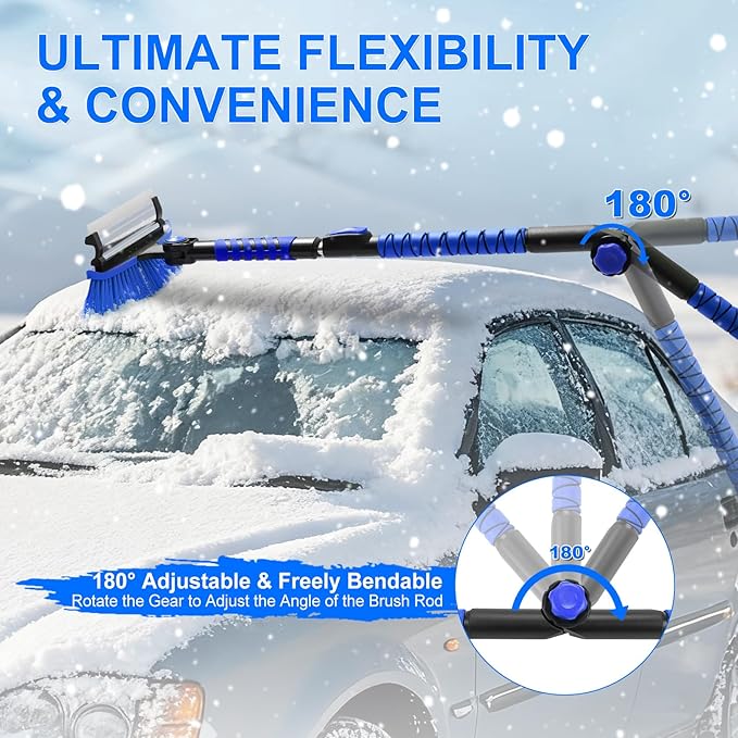 62.4" Foldable Snow Brush and Ice Scrapers for Car Windshield, Adjustable & Extendable Ice Removal Tool with Non-Slip Foam Grip, 180° Pivoting Snow Brush for Car, SUV, Truck, Blue