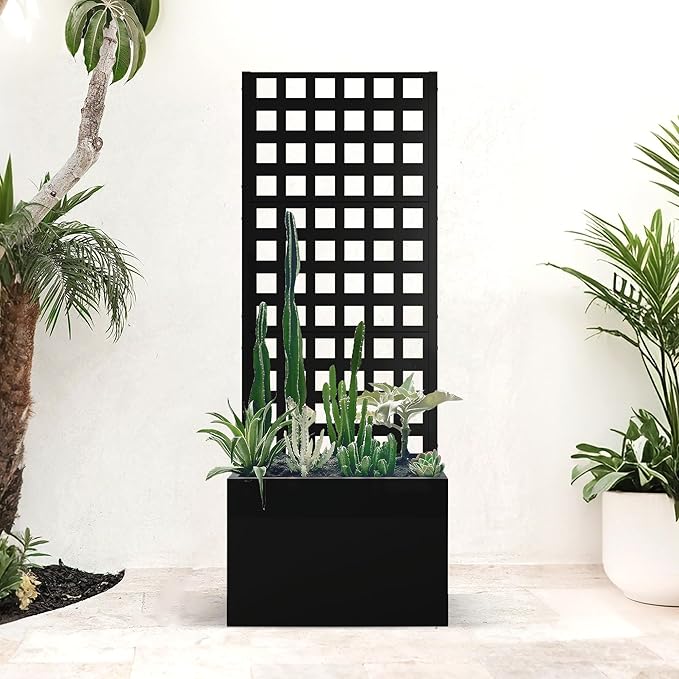 Metal Planter Box with Trellis, Privacy Planter for Patio, 24" L×12" W×63" H Raised Garden Bed withTrellis, Drainage Holes (Black Grid)