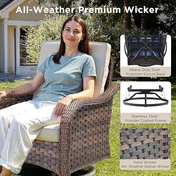 11 Pieces Patio Furniture Set, Outdoor Wicker Sofa with Swivel Patio Chairs, Ottomans, Coffee Table, All Weather High Back Rattan Loveseat Couch with Comfy Cushions, Brown/Beige