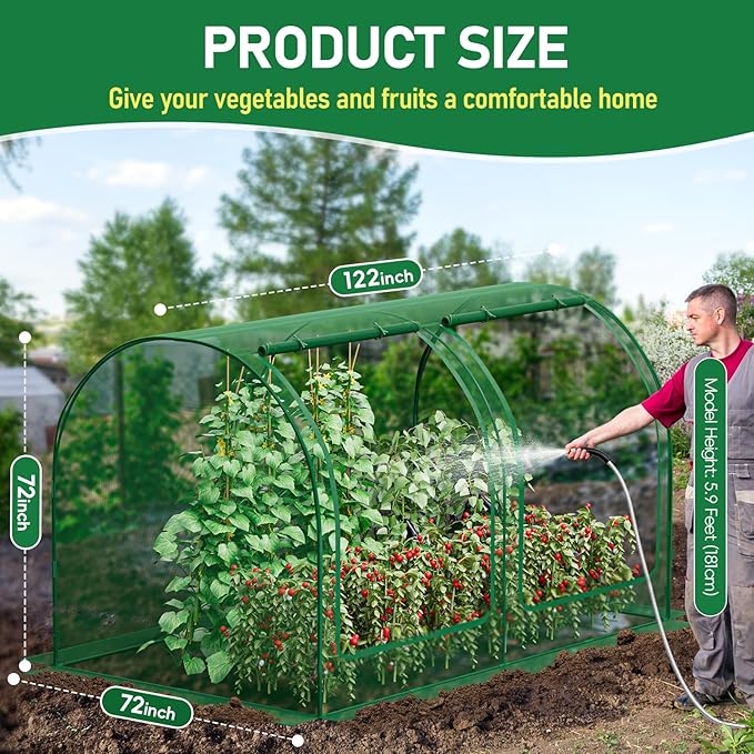 SPECILITE 122x72x72in Garden Plant Netting Mesh Cover for Raised Bed with Roll-up Zipper Door for Vegetables Fruits, Large Tunnel Gardening Net, Green