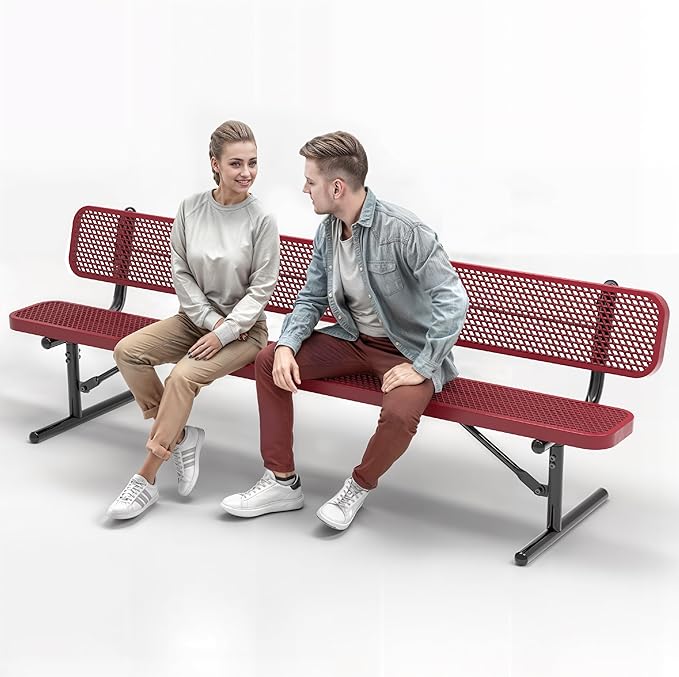 Heavy-Duty Outdoor Metal Bench, Thermoplastic-Coated, Portable, Weatherproof, Commercial-Grade for Parks, Gardens, Patios, Stores & More (8 Ft - Portable with Back, Red)