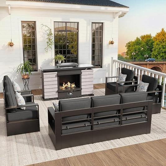 Aluminum Outdoor Conversation Furniture Set with Furniture Covers & 6" Cushions- Patio 79" Sofa with 4 Chairs & 63" Steel Propane Fireplace, 50,000 BTU Fire Pit with CSA Certified (Grey)