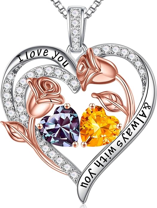 Iefil Christmas Gifts for Women Wife - 925 Sterling Silver Rose Heart Birthstone Necklace Birthday Anniversary Jewelry Gifts for Her Wife Mom Daughter