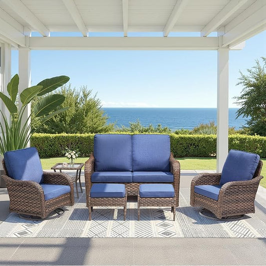 Wicker Patio Furniture Set, 6 Pieces Outdoor Wicker Sofa with Swivel Patio Chairs, Glass Side Table, Ottomans, All Weather High Back Rattan Loveseat Couch with Comfy Cushions, Brown/Blue