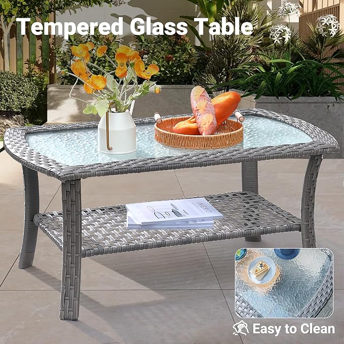 ovios 2 Pieces Patio Furniture Set, Outdoor Wicker Sofa with Glass Coffee Table, All Weather High Back Rattan Loveseat Couch 2 Seats with Comfy Cushions, Grey