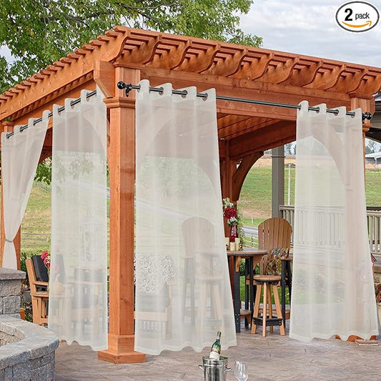 HolidayIdeas Beige Outdoor Sheer Curtains for Patio Waterproof, 2 Panels - 54 x 84 Inch - Light Filtering Voile Outside Curtains Grommet Drapes for Front Porch, Gazebo, Pergola, Backyard
