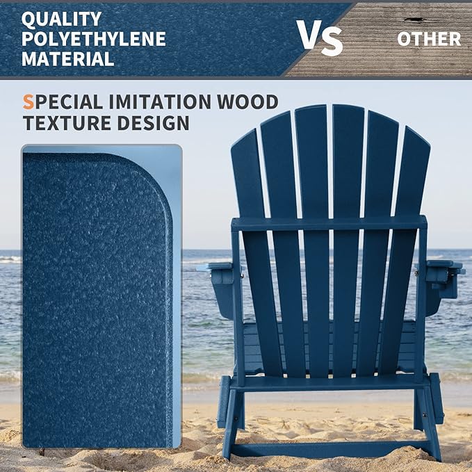 FUNBERRY Folding Adirondack Chair Set of 2, All Weather HDPE Fire Pit Chairs with Cup Holder for Outdoor