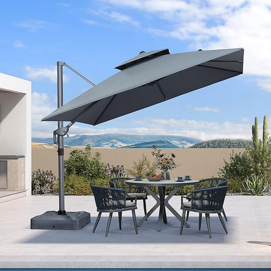 PURPLE LEAF 10 FT Cantilever Umbrella Outdoor Patio Umbrella, Large Offset Square Umbrella, Windproof Heavy Duty Hanging Outside for Patio, Mist Grey