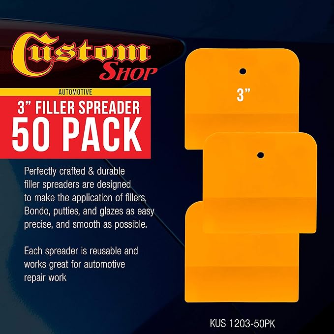 Custom Shop 3 Inch Plastic Body Filler Spreader Tools for Automotive Body Fillers (50 Pack), Putties, Glazes, Epoxy Resin, Caulk, Glues - Plastic Spreader Tool