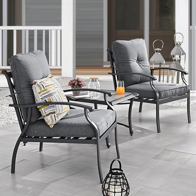 Patio Bistro Set 3 Pieces Metal Outdoor Furniture Sets Metal Patio Chairs with Side Table Dark Grey Thick Cushions Galvanized Steel Frame