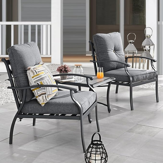 Patio Bistro Set 3 Pieces Metal Outdoor Furniture Sets Metal Patio Chairs with Side Table Dark Grey Thick Cushions Galvanized Steel Frame