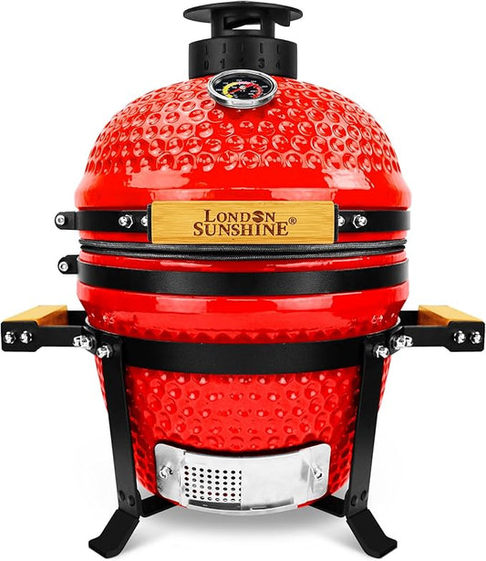 Upgraded 13 inch Ceramic Kamado Grill with Waterproof Air Vent Cap | Portable Tabletop Charcoal BBQ Grill Smoker for Outdoor Cooking, Patio, Camping | Red