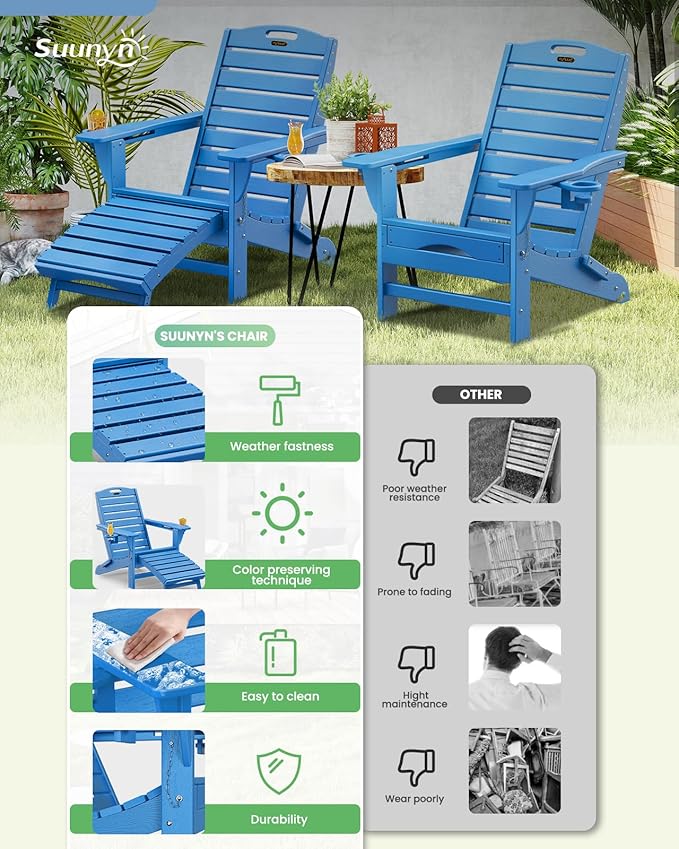 Folding Adirondack Chair with Retractable Ottoman Weather Resistant Fire Pit Chair Patio Chair with 2 Cup Holder Lawn Outdoor Lounge Chair (Royal Blue)